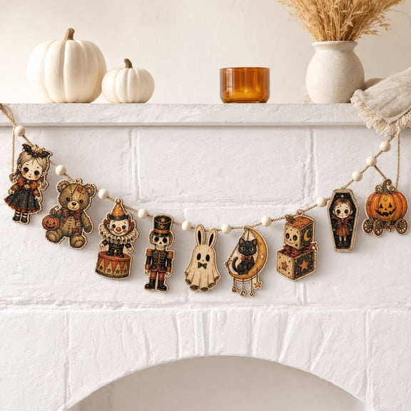 Garland Vintage Creepy Doll Ghost Bunny Black Cat Wooden Mantel Wall Decor Halloween