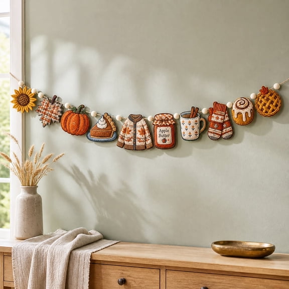 Garland Vintage Fall Pumpkin Pie Retro 90s Farmhouse Wooden Door or Mantel Hanging Halloween Decor