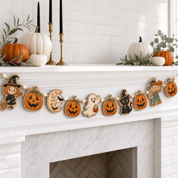 Garland Vintage Pumpkin Ghost Black Cat Witch Dog Scarecrow Wooden Wall Hanging Halloween Home Decor