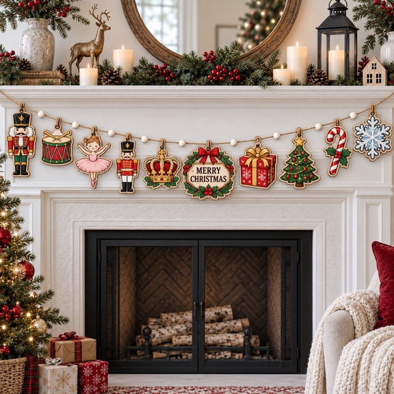 Garland Wooden Ornament, Nutcracker Ballet and Toy Soldier Christmas Mantel Hanging, Holiday Gift