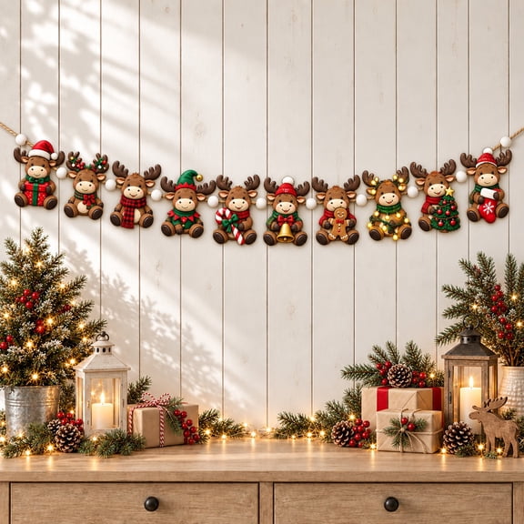 Garland with Christmas Moose Characters, Wooden Mantel Decoration for Holiday Hosts