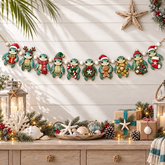 Garland with Christmas Sea Turtles, Wooden Hanging Decoration for Coastal Holiday and Ocean Lovers