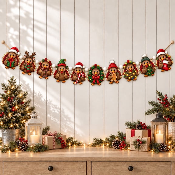 Garland with Christmas Turkey Characters, Wood Mantel Decoration for Holiday Hosts