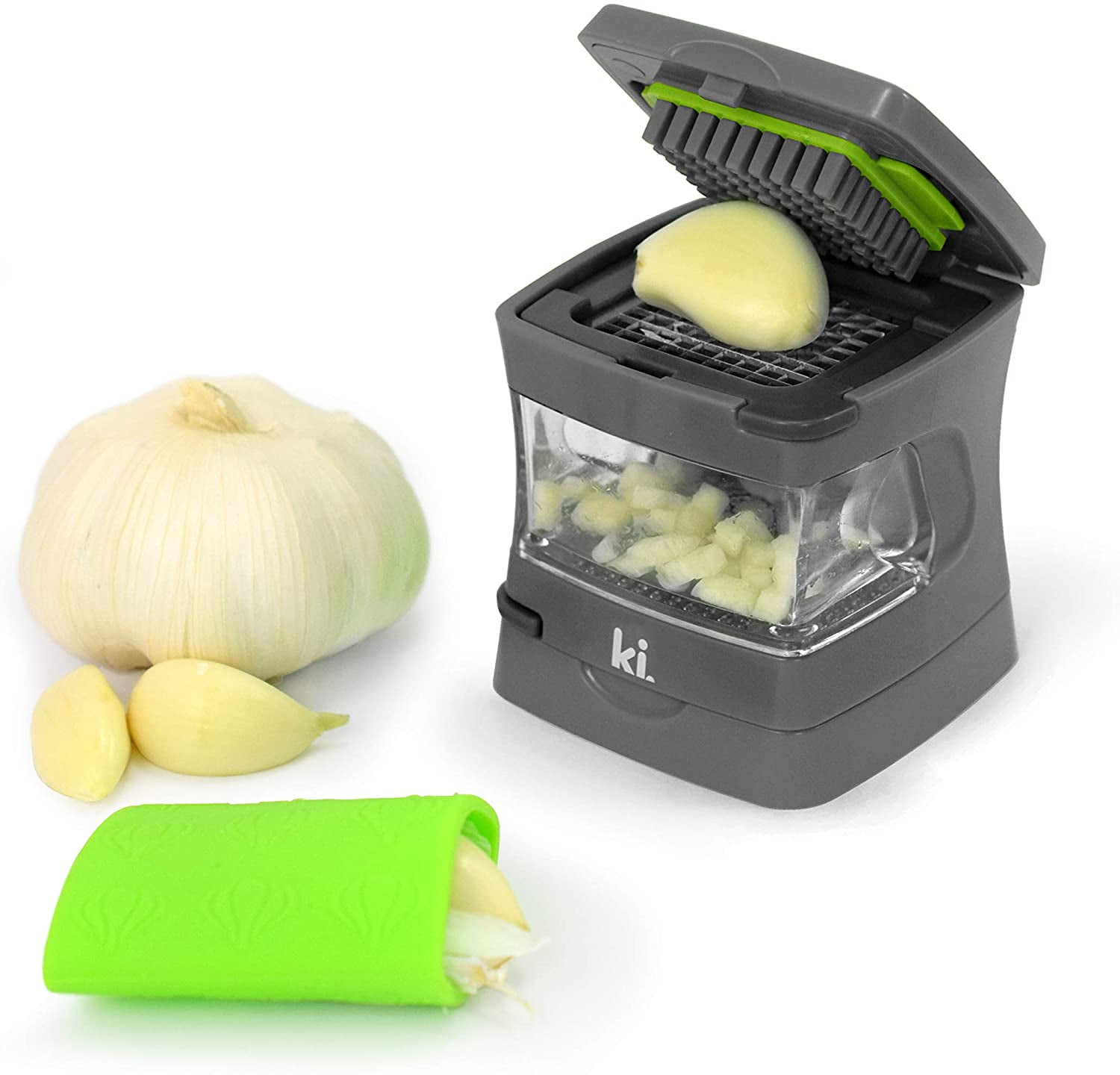 Garlic-A-Peel Garlic Press, Crusher, Cutter, Mincer, and Storage Container - Includes Silicone Peeler Easy to Clean Stainless Steel Blades – (Grey), standard
