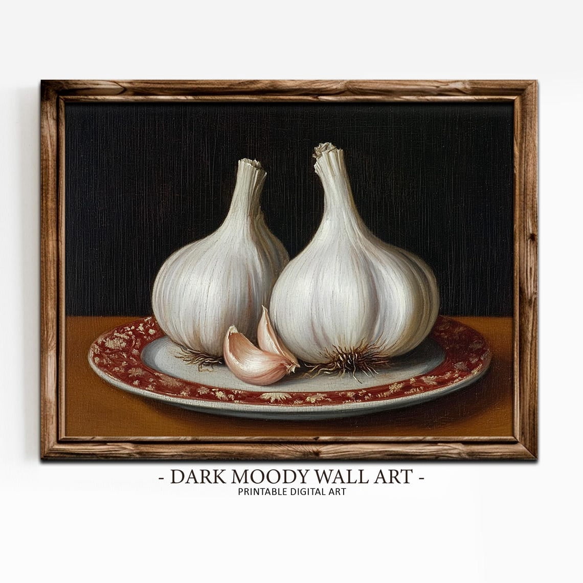 Garlic Bulbs On Vintage Plate Wall Art Print, Dark Moody, Rustic Still ...