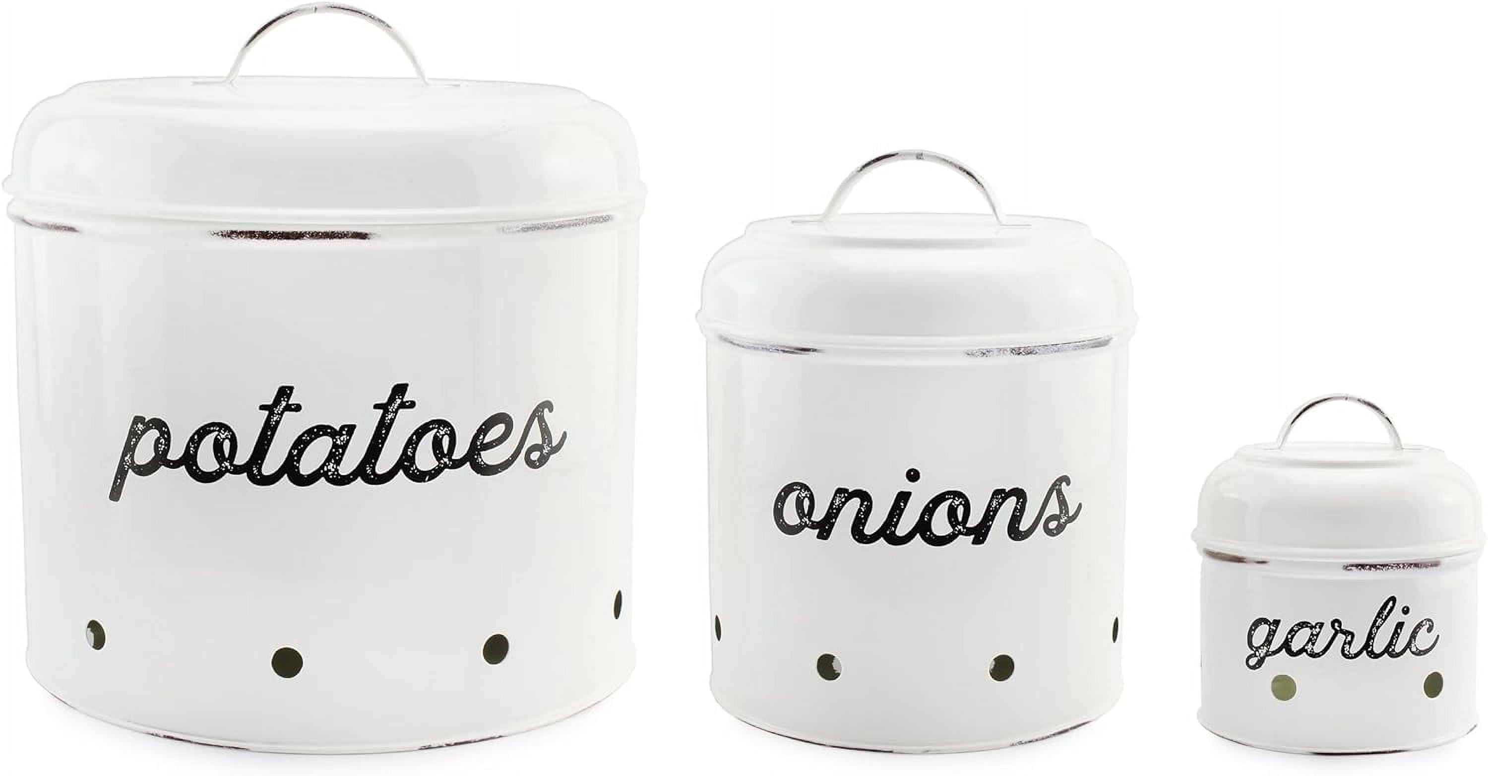 Garlic Canister Set; Rustic White Enamelware Vegetable Storage