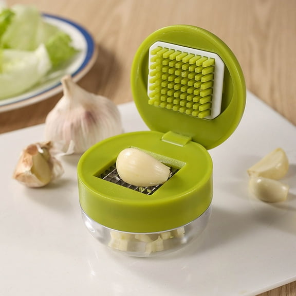 Garlic Chopper Basdi 2-In-1 Garlic Chopper & Storage Container - Stainless Steel Press with Mini Cleaning Brush, Portable Mincer for Home Kitchen & Camping Trips, Mincer Container, Green