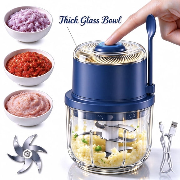 Garlic Chopper Electric, 350ML Thick Glass Bowl Mini Chopper, 6 Stainless Steel Blades Rechargeable Small Food Processor for Garlic, Chili, Meat, Onions, Blue