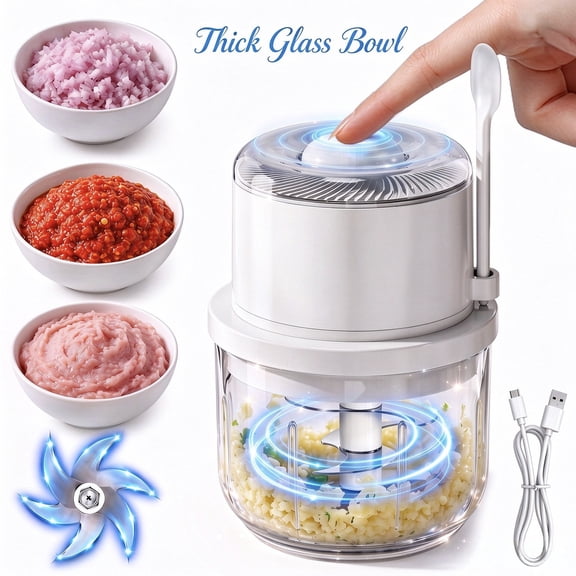 Garlic Chopper Electric, 350ML Thick Glass Bowl Mini Chopper, 6 Stainless Steel Blades Rechargeable Small Food Processor for Garlic, Chili, Meat, Onions, White