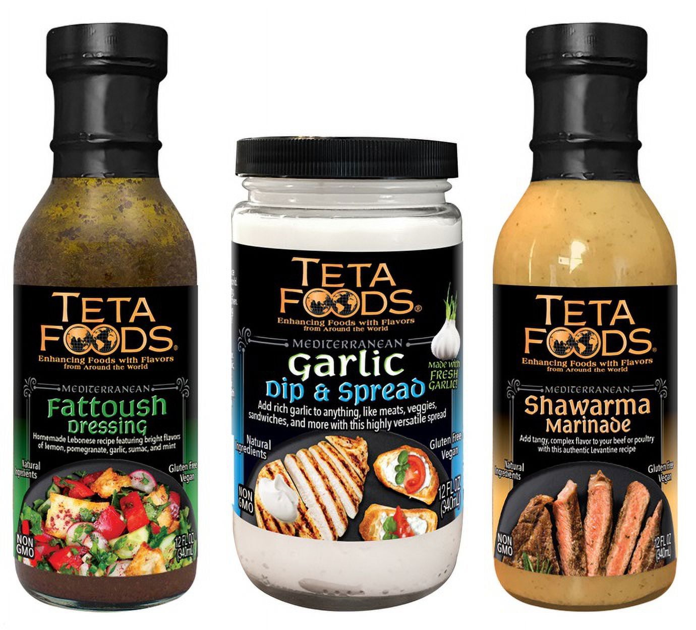 Garlic Dip & Spread, Shawarma Marinade, and Fattoush Dressing Pack of