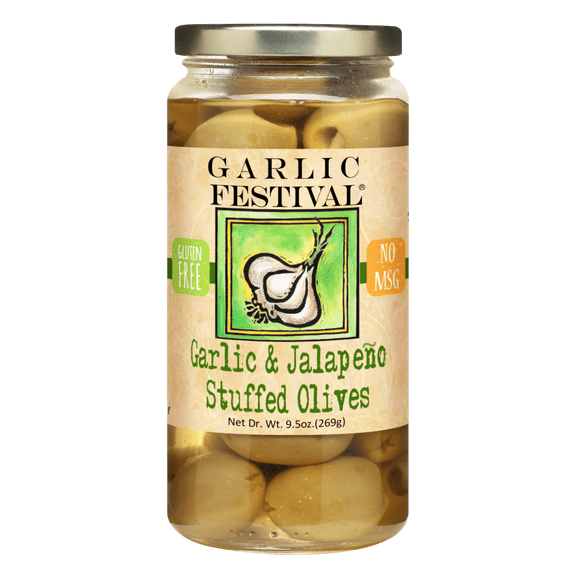Garlic Festival Garlic & Jalapeno Stuffed Olives Net Dr. Wt. 9.5 oz.