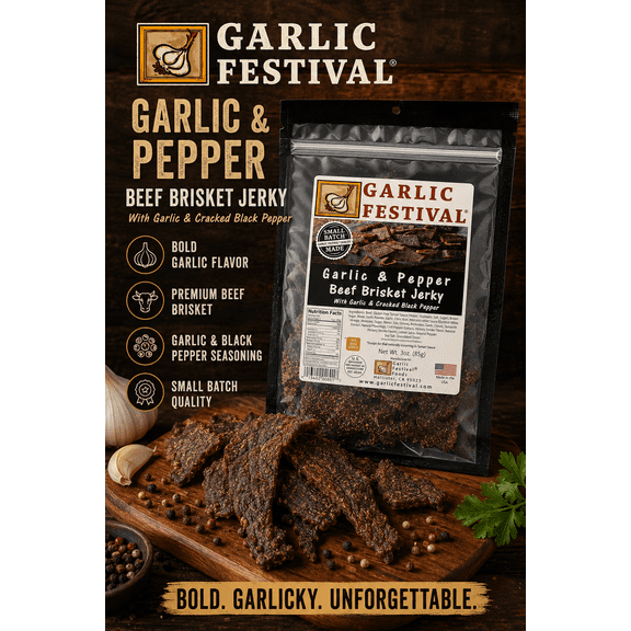 Garlic Festival Garlic Pepper Beef Brisket Jerky Net Wt. 3 oz.