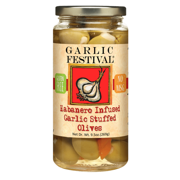 Garlic Festival Habanero Infused Garlic Stuffed Olives Net Dr. Wt. 9.5 oz.