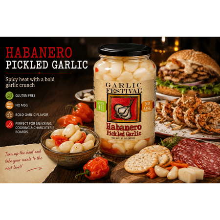 Garlic Festival Habanero Pickled Garlic Cloves in a Jar - Habanero Pickled Garlic - Fresh Garlic Cloves for Cooking - Freshly Made - Subtly Infused, Pre-Prepared Garlic - Net Wt. 32 oz.