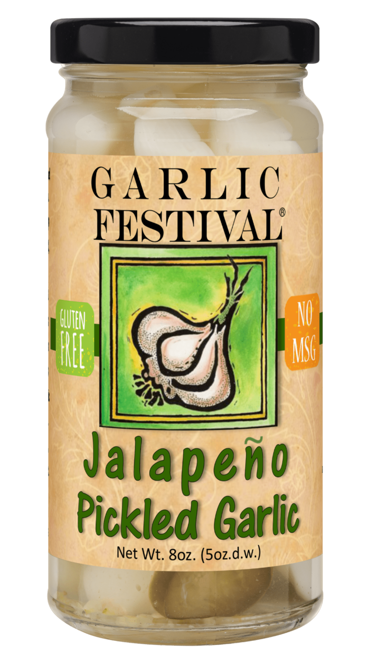 Garlic Festival Jalapeno Pickled Garlic Cloves in a Jar - Jalapeno Pickled Garlic - Fresh Garlic Bulbs for Cooking - Freshly Made - Subtly Infused, Pre-Prepared Garlic - Net Wt. 8 oz.