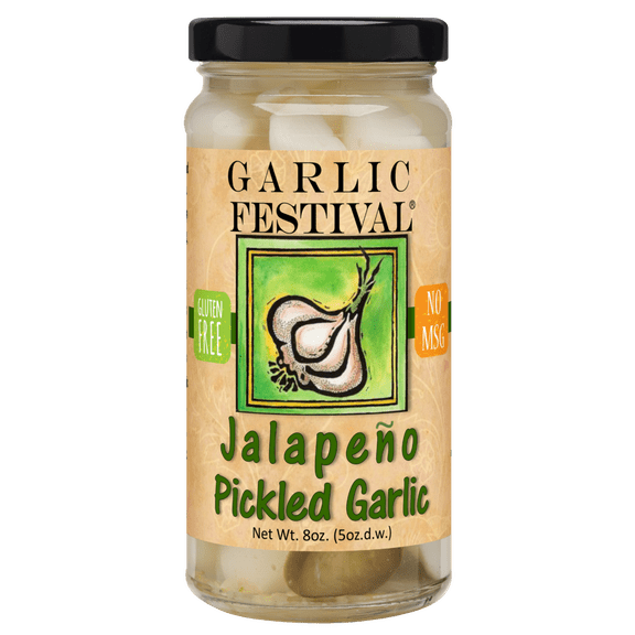Garlic Festival Jalapeno Pickled Garlic Cloves in a Jar - Jalapeno Pickled Garlic - Fresh Garlic Bulbs for Cooking - Freshly Made - Subtly Infused, Pre-Prepared Garlic - Net Wt. 8 oz.