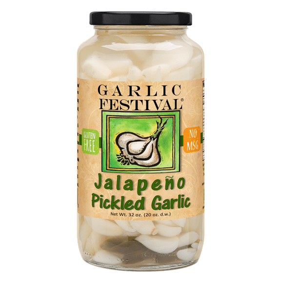 Garlic Festival Jalapeno Pickled Garlic Cloves in a Jar - Jalapeno Pickled Garlic - Fresh Garlic Cloves for Cooking - Freshly Made - Subtly Infused, Pre-Prepared Garlic - Net Wt. 32 oz.