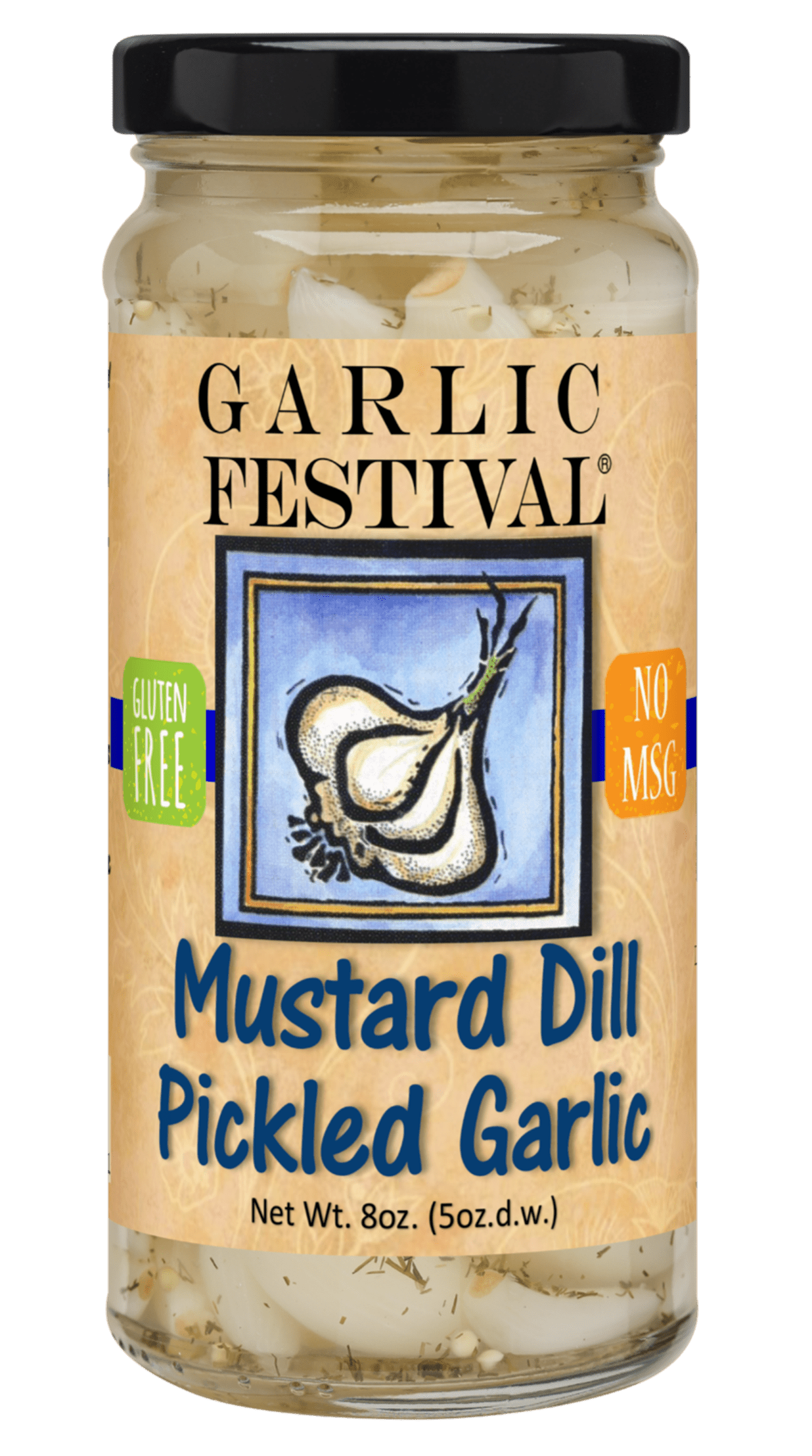 Garlic Festival Mustard Dill Pickled Garlic Cloves in a Jar - Mustard Dill Pickled Garlic - Fresh Garlic Cloves for Cooking - Freshly Made - Subtly Infused, Pre-Prepared Garlic - Net Wt. 8 oz.