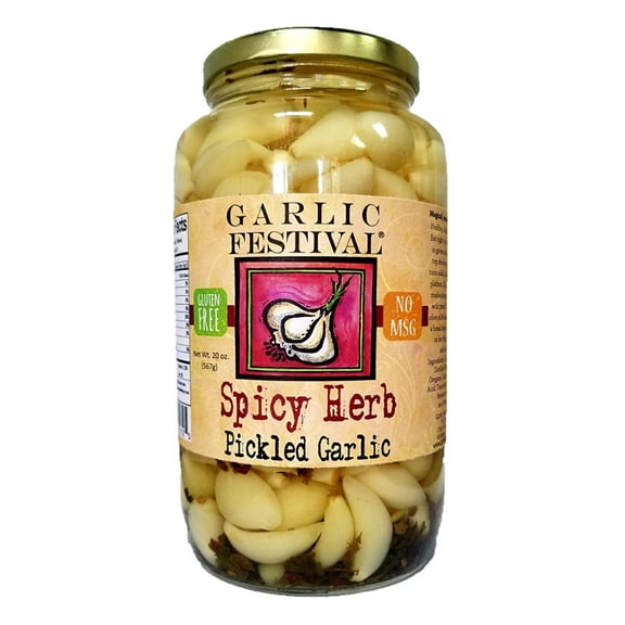 Garlic Festival Spicy Herb Pickled Garlic Cloves in a Jar - Spicy Herb Pickled Garlic - Fresh Garlic Cloves for Cooking - Freshly Made - Subtly Infused, Pre-Prepared Garlic - Net Wt. 32 oz.