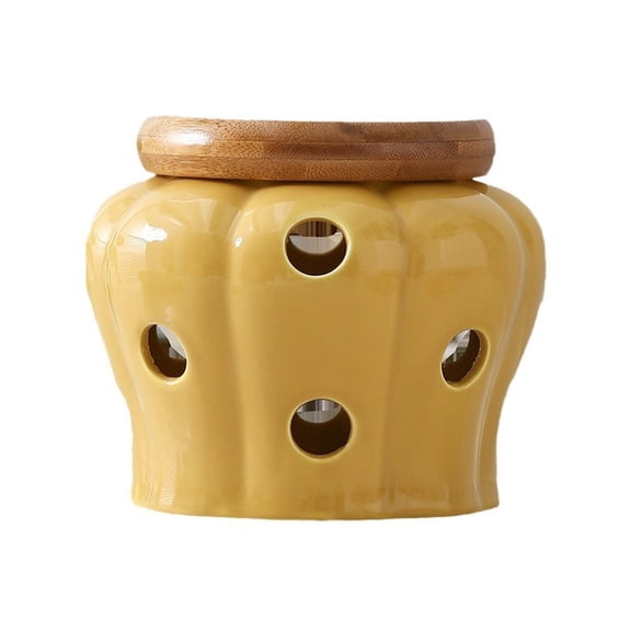 Garlic Keeper Ceramic Jar Cellar Pot for Kitchen Round Vented Decorative Modern Ginger Dried Chili Storage Container with Lid, Yellow