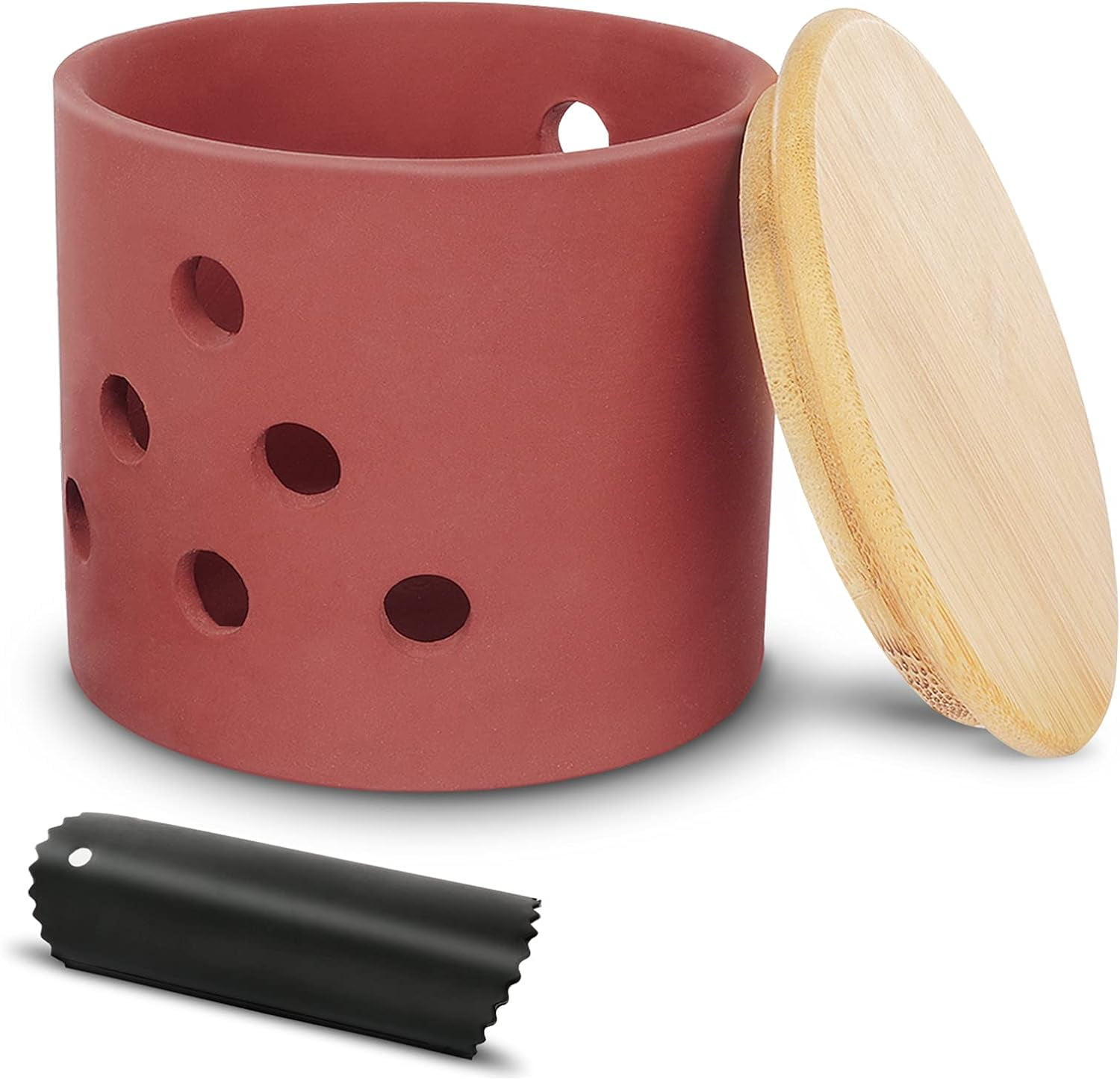 Garlic Keeper,Vented Clay Garlic Storage Container Saver with Bamboo