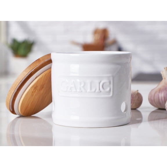 Contenpo Garlic Keeper for Counter - Garlic Holder with Bamboo Lid, Garlic Container, Large Ceramic Garlic Storage for Kitchen