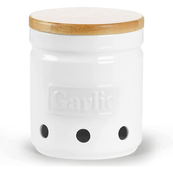 Garlic Keeper with Wooden Lid, 4.5-Inch Ceramic Holder Stora, Container for Kitchen, Saver to Keep Your Cloves Fresh Lon 24 oz, White