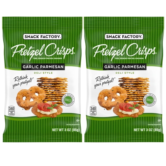 Garlic Parmesan Flavored Pretzel Crisps 3 oz On-the-Go Bags, Thin Crunchy Pretzel Chips for Dipping, Snacking, Lunches, Party Snacks Cookies (Pack of 2)