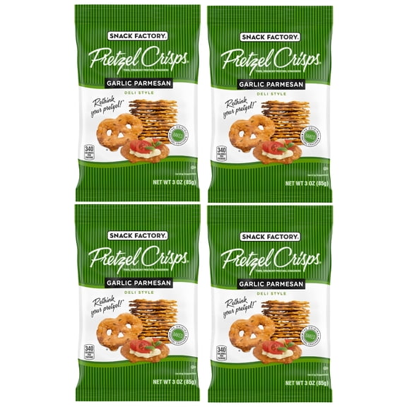 Garlic Parmesan Flavored Pretzel Crisps 3 oz On-the-Go Bags, Thin Crunchy Pretzel Chips for Dipping, Snacking, Lunches, Party Snacks Cookies (Pack of 4)
