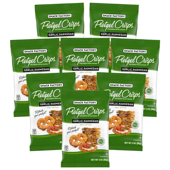 Garlic Parmesan Flavored Pretzel Crisps 3 oz On-the-Go Bags, Thin Crunchy Pretzel Chips for Dipping, Snacking, Lunches, Party Snacks Cookies (Pack of 8)