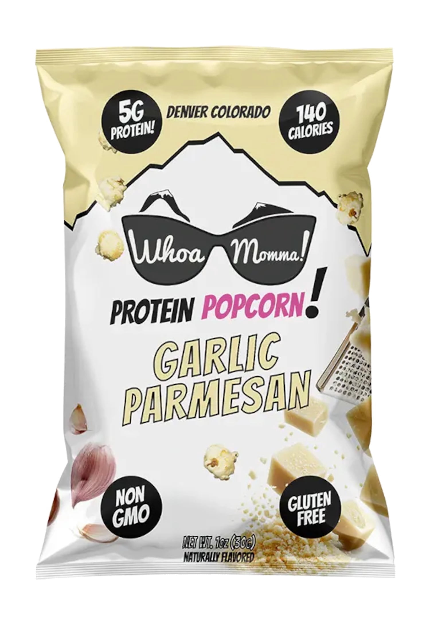 Whoa Momma! Protein Popcorn Garlic Parmesan, High Protein, Gluten Free Cheese Popcorn, 12-pack of 1oz Bags