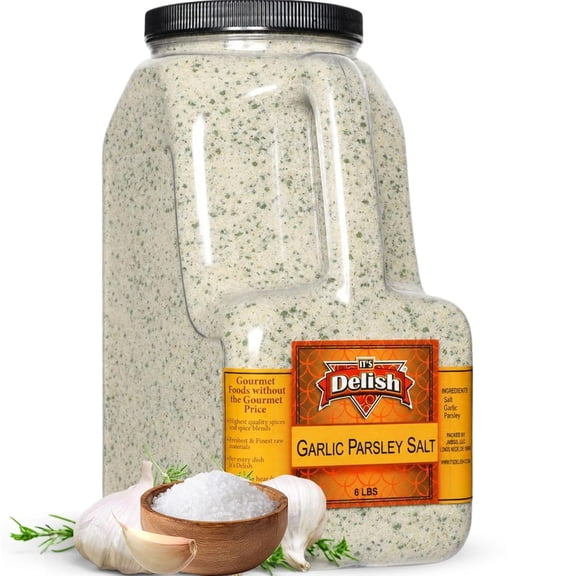 Garlic Parsley Salt by It's Delish 6 LBS Bulk Restaurant Gallon Jug with Handle Premium Salt, Garlic & Parsley Blend for Garlic Bread, Steak, Fries, Pasta & Italian Cooking Kosher