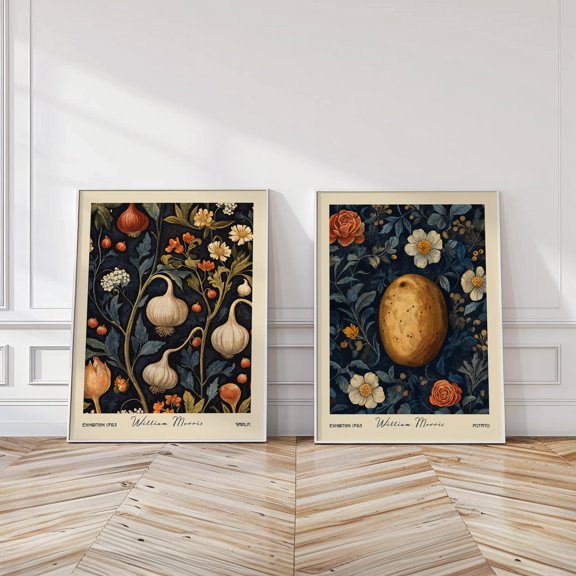 Garlic & Potato Kitchen Prints William Morris Botanical Vegetable Wall Art Rustic Farmhouse Food Decor Gift Set 2