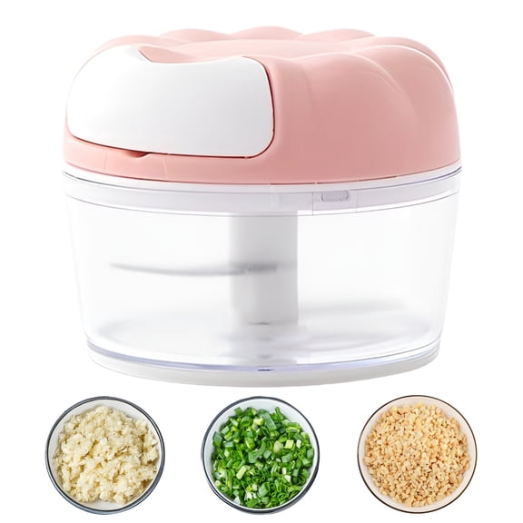 Garlic Press Manual Food Chopper, 5.75 fl oz Pull String Mincer with Stainless Steel Blades, Portable Onion Ginger Chili Grinder for Kitchen Prep Pink