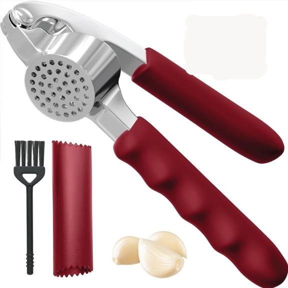 Garlic Press and Peel Set, Heavy Duty Mincer Tool, Easily Mince and Crush Garlics, Ginger, Nuts, Seeds, Large Ergonomic Handle, Peeler Included, Peeling Cloves, Kitchen Gadgets, Red