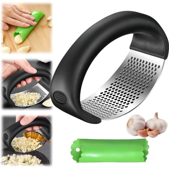 Garlic Press Rocker, 2024 Upgraded Stainless Steel Garlic Press Rocker Crusher Masher with Garlic Peeling Drum, Portable Manual Garlic Mincer Garlic Crusher for Home Kitchen Utensils (3, Black Set)