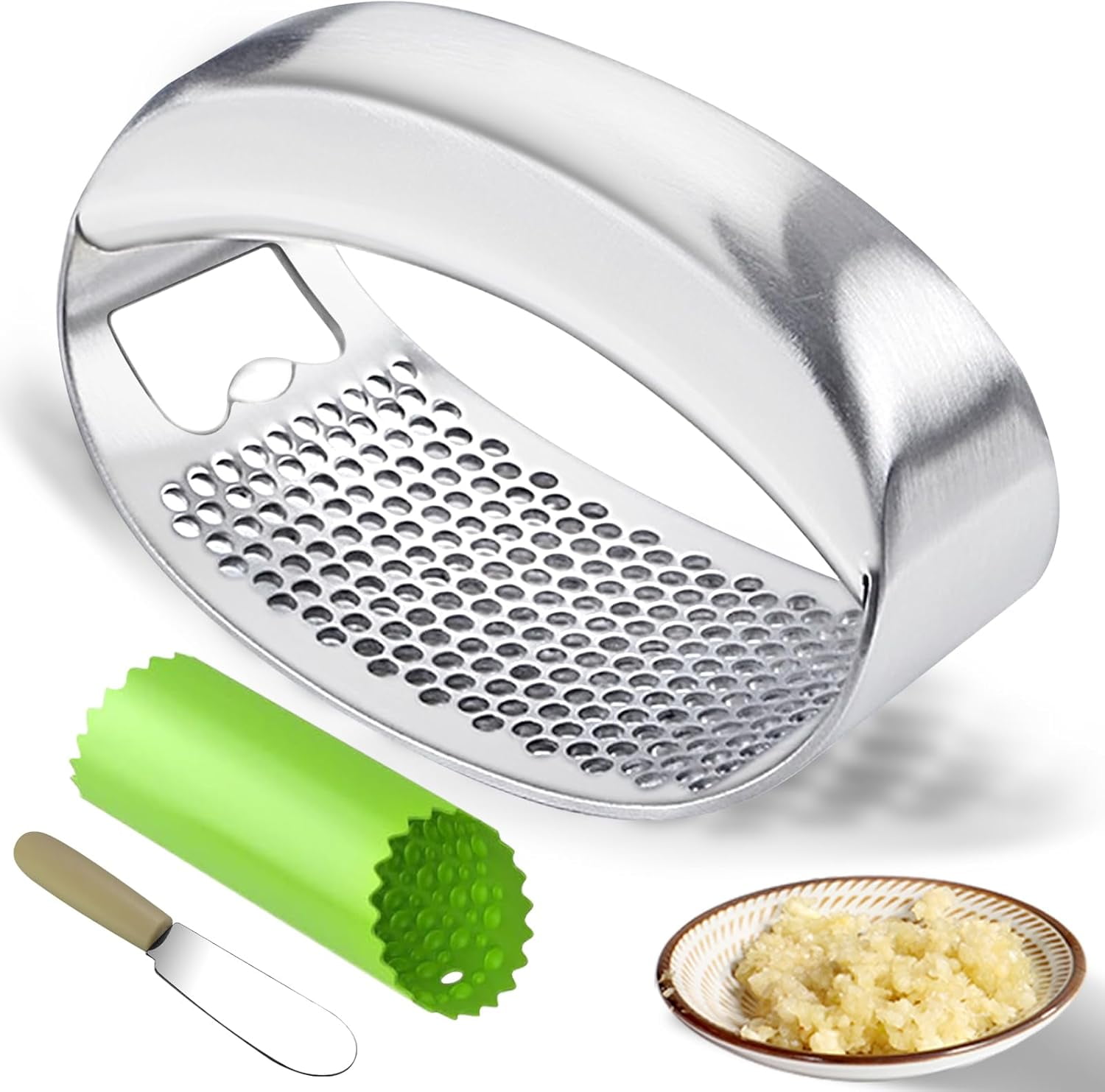 Garlic Press Rocker Heavy Duty Stainless Steel Mincer Crusher Chopper with Peeler And Scraper for Smash Built-in Bottle Opener