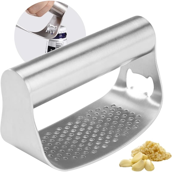Garlic Press Rocker,Manual Crusher & Mincer with Ergonomic Handle for Easy Cleaning,Rust Proof Kitchen Tool for Ginger (Silveropen)