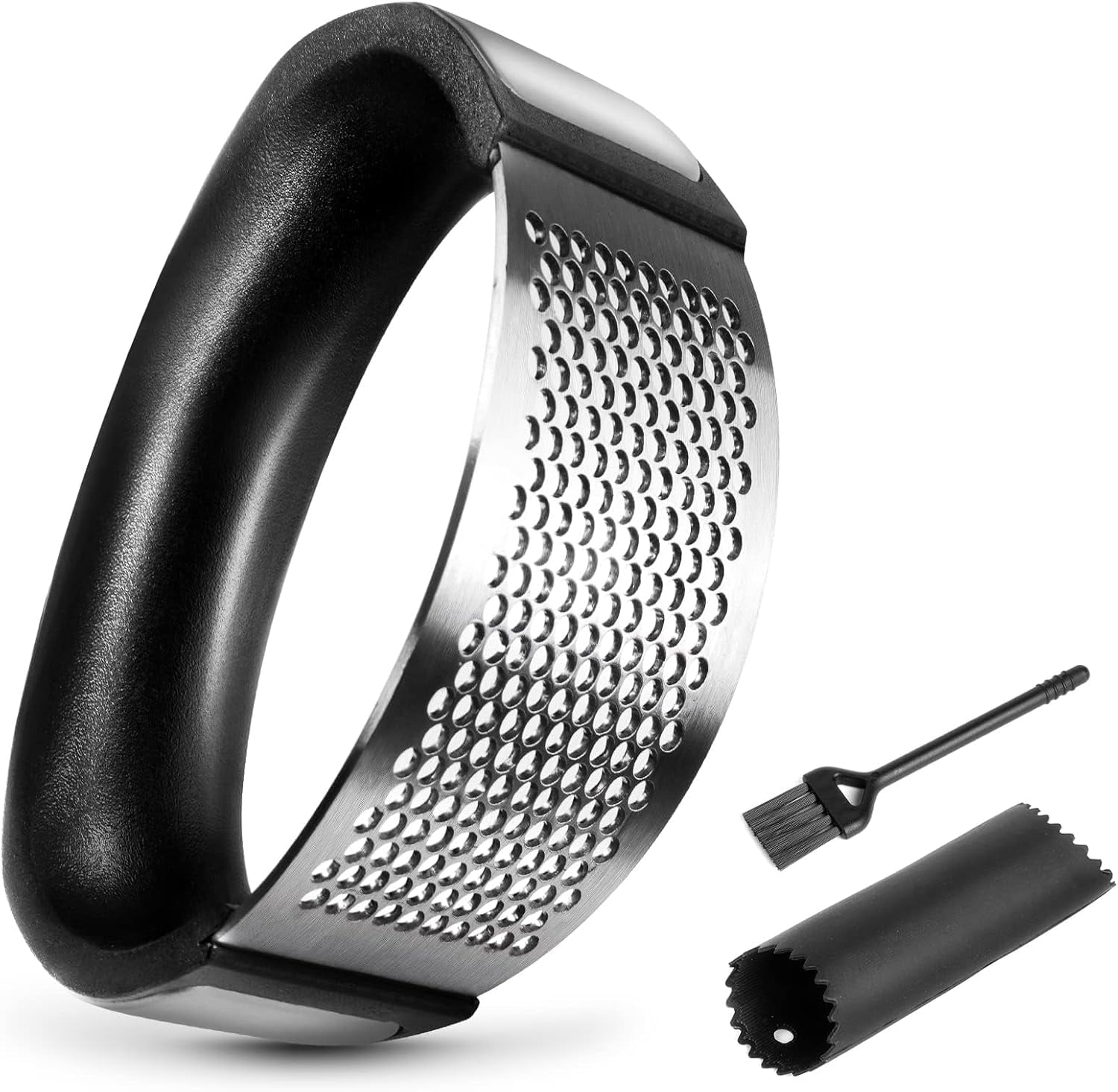 Garlic Press Rocker - Rust Proof & Dishwasher Safe Mincer, Stainless Steel Garlics Crusher Chopper Set with Peeler Brush, Easy to Clean and Squeeze, Masher for Garlics, Ginger, Spices