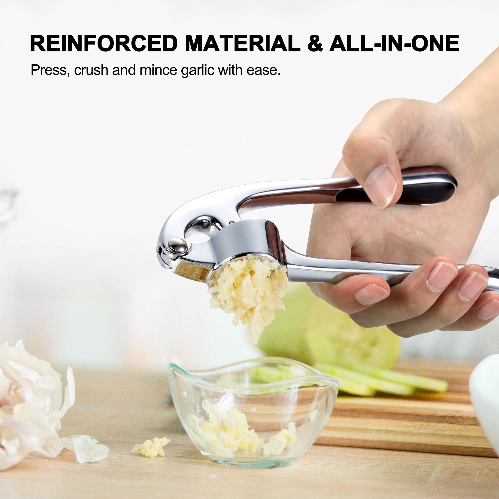 Garlic Press Rocker Stainless Steel Easy Clean, HandHeld Garlic