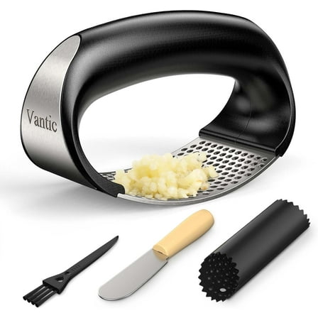 Garlic Press Rocker - Stainless Steel Garlic Crusher, Mincer and Chopper with Peeler & Scraper, Easy Kitchen Gadget for Effortless Smashing