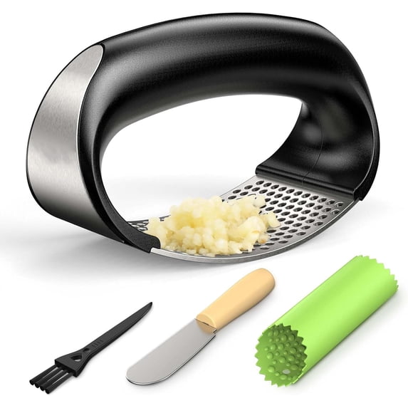 Garlic Press Rocker - Stainless Steel Garlic Crusher, Mincer and Chopper with Peeler & Scraper, Easy Kitchen Gadget for Effortless Smashing