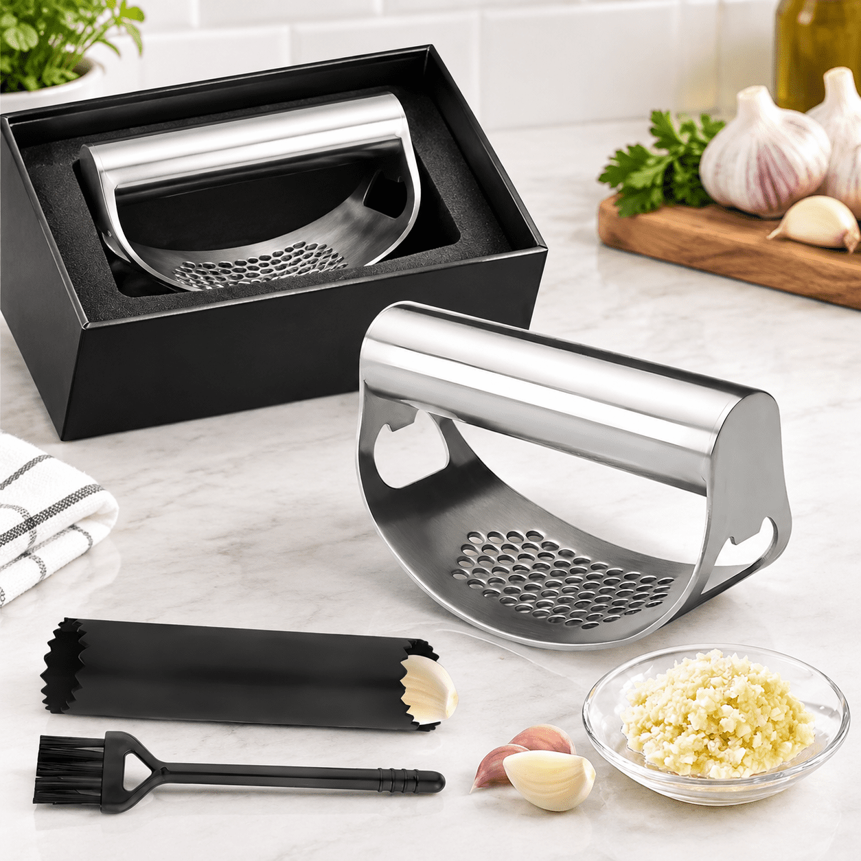 Garlic Press Rocker, Stainless Steel Garlic Mincer, Built-in Bottle ...