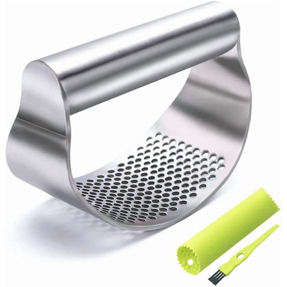 Garlic Press Rocker, Stainless Steel Garlic Mincer Garlic Crusher, Garlic Chooper with Peeler and Scraper Brush, Garlic Press with Ergonomic Handle, Innovative Kitchen Gadgets