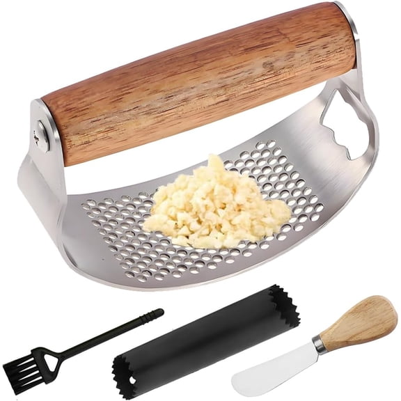Garlic Press Rocker Stainless Steel Ginger Crusher, Mincer and Squeezer Kitchen Gadget with Ergonomic handle, Silicone Tube Peeler, Scraper Cleaning Brush Tool Set