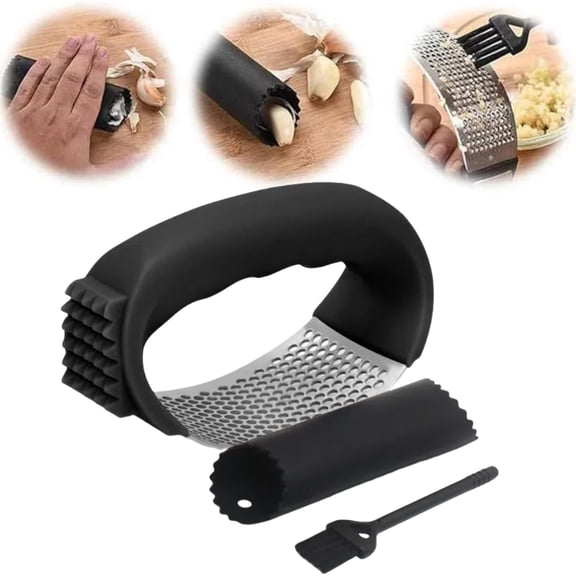 Garlic Press Rocker & Stainless Steel Onion Slice Holder, 2024 Upgraded Stainless Steel Garlic Press Rocker Crusher Masher with Garlic Peeling Drum + Onion Holder for Slicing (2, Ultra Set)