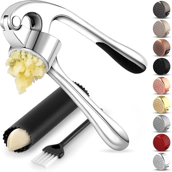Garlic Press Set - Rust-Resistant and Dishwasher-Safe Professional Garlic Press Tool - Easy to Squeeze, Easy to Clean with Soft, Ergonomic Handle - Silicone Garlic Peeler and Brush (Silver)