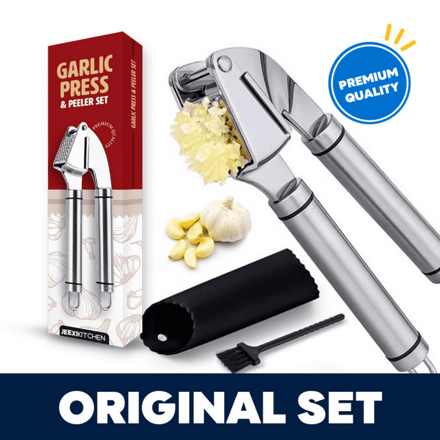Garlic Press Set, Stainless Steel Mincer [Premium], Crusher & Peeler