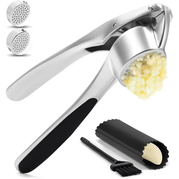 Garlic Press with Silicone Peeler & Brush - Garlic Mincer Tool - Easy to Use & Clean - Garlic Crusher - Rustproof Garlic Smasher - Dishwasher Safe - Press Garlic with Ease (Matt,Silver)