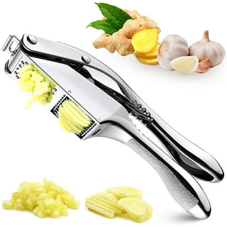 Gpoty 2 in 1 Garlic Press Manual Garlic Crusher with Easy-Squeeze Ergonomic Handle Multifunctional Garlic Cutter with Cleaning Brush and Peeling Tube